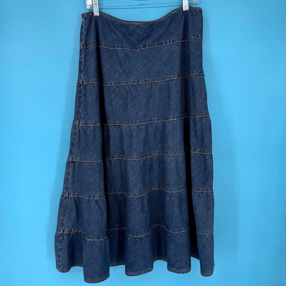 Lena Jeans Blue Denim Tiered Maxi Skirt Size 16 A-Line 90s Western Prairie